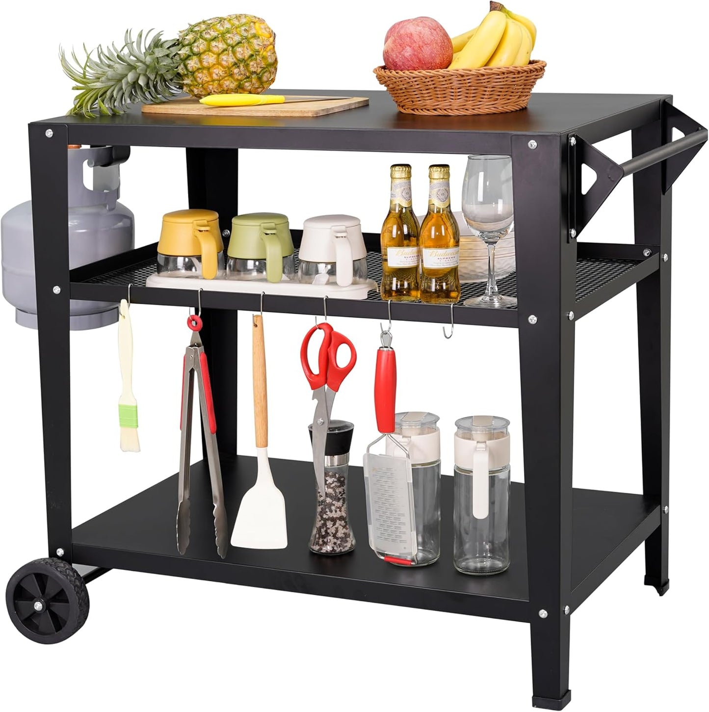 Stainless Steel Outdoor Grill Cart with Wheels, Heavy-Duty 3-Tier BBQ Prep Table for Pizza Oven, Griddle, Patio – Rustproof Commercial Kitchen Cart with Tool Hooks