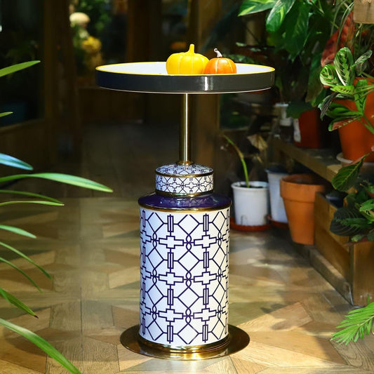 Diamond Pattern Vase-Shaped Side Table with Ceramic Tile Top – Accent Table for Coffee, Tea, or Nightstand Use in Living Room, Bedroom, Indoor & Outdoor Spaces