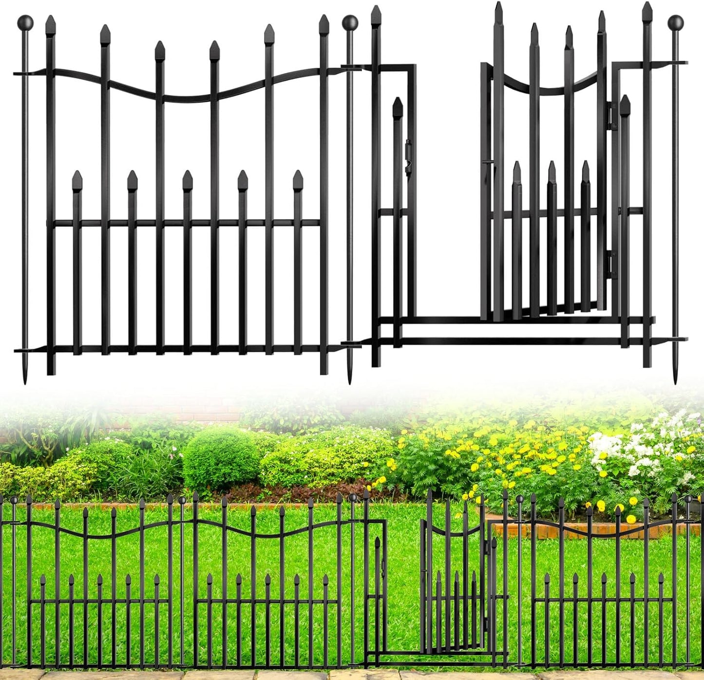 8 Panels No Dig Decorative Garden Fence with Gate, 40in(H) × 17.6ft(L) Heavy-Duty Rustproof Metal Panels, Outdoor Dog Barrier for Yard & Patio, Landscape, Border| Portable Temporary Fencing