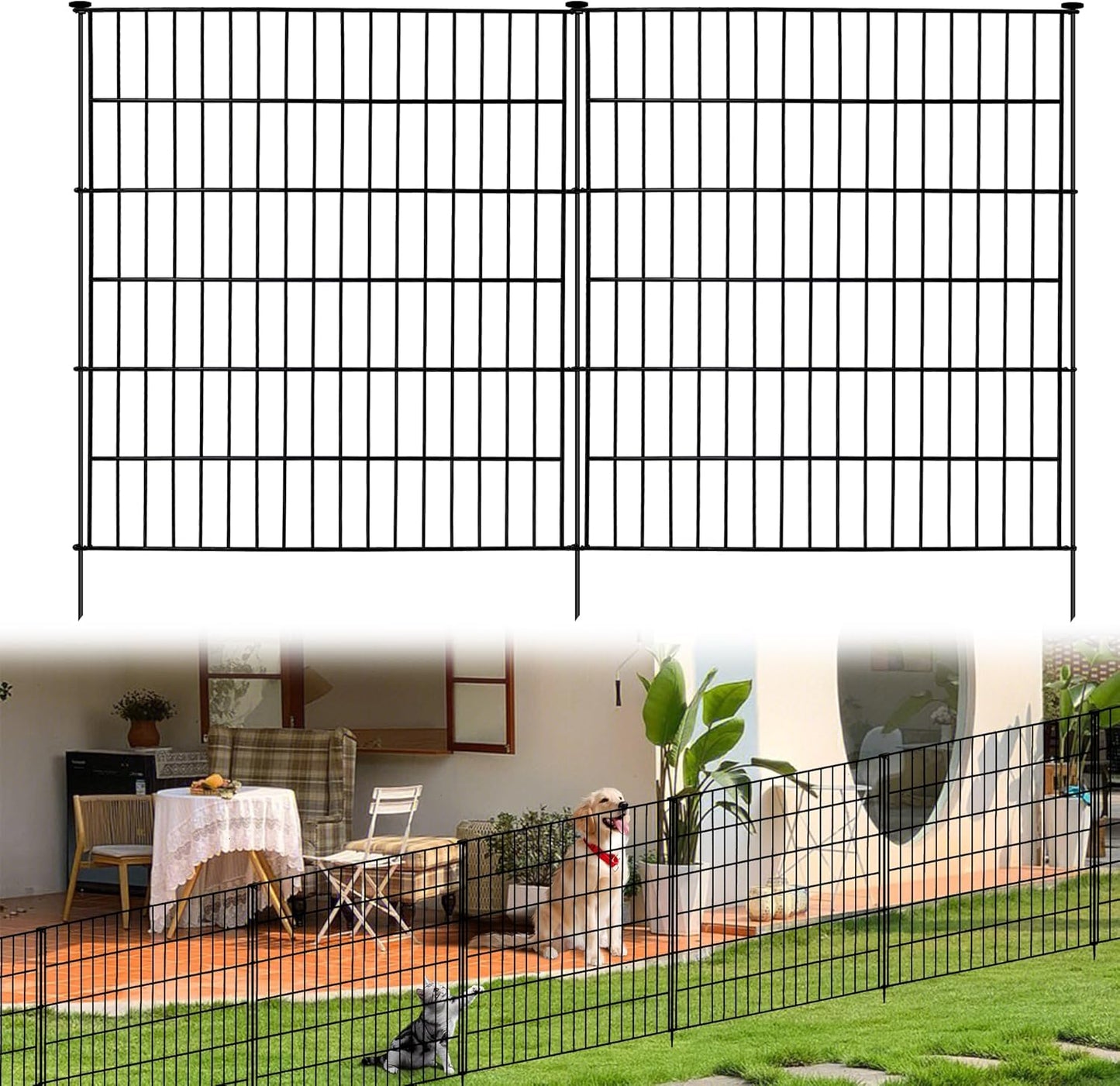 6 Panels Garden Fence Fencing for Yard,32 in(H) X 14 ft(L) with Gate Lock Outdoor Fence Animal Barrier Fencing Rustproof Metal Fence Panels for Dog and Rabbit