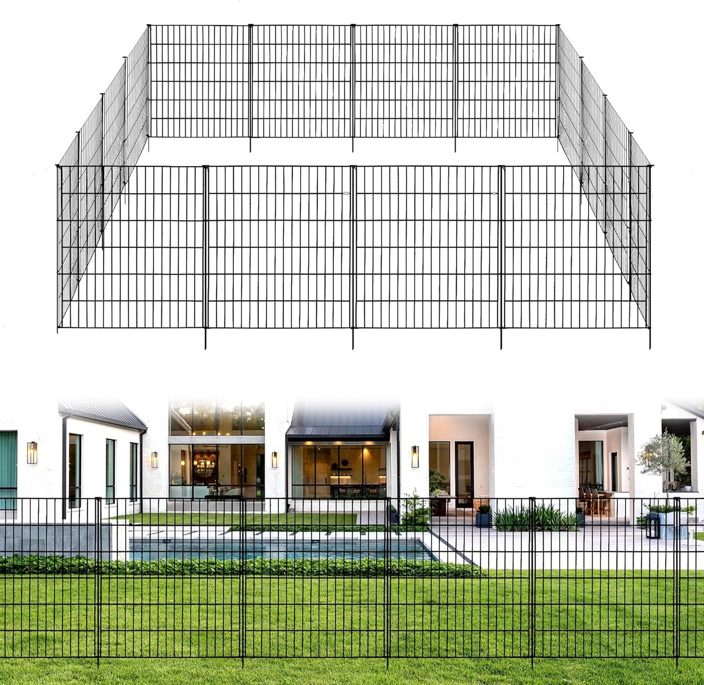 6 Panels Garden Fence Fencing for Yard,32 in(H) X 14 ft(L) with Gate Lock Outdoor Fence Animal Barrier Fencing Rustproof Metal Fence Panels for Dog and Rabbit