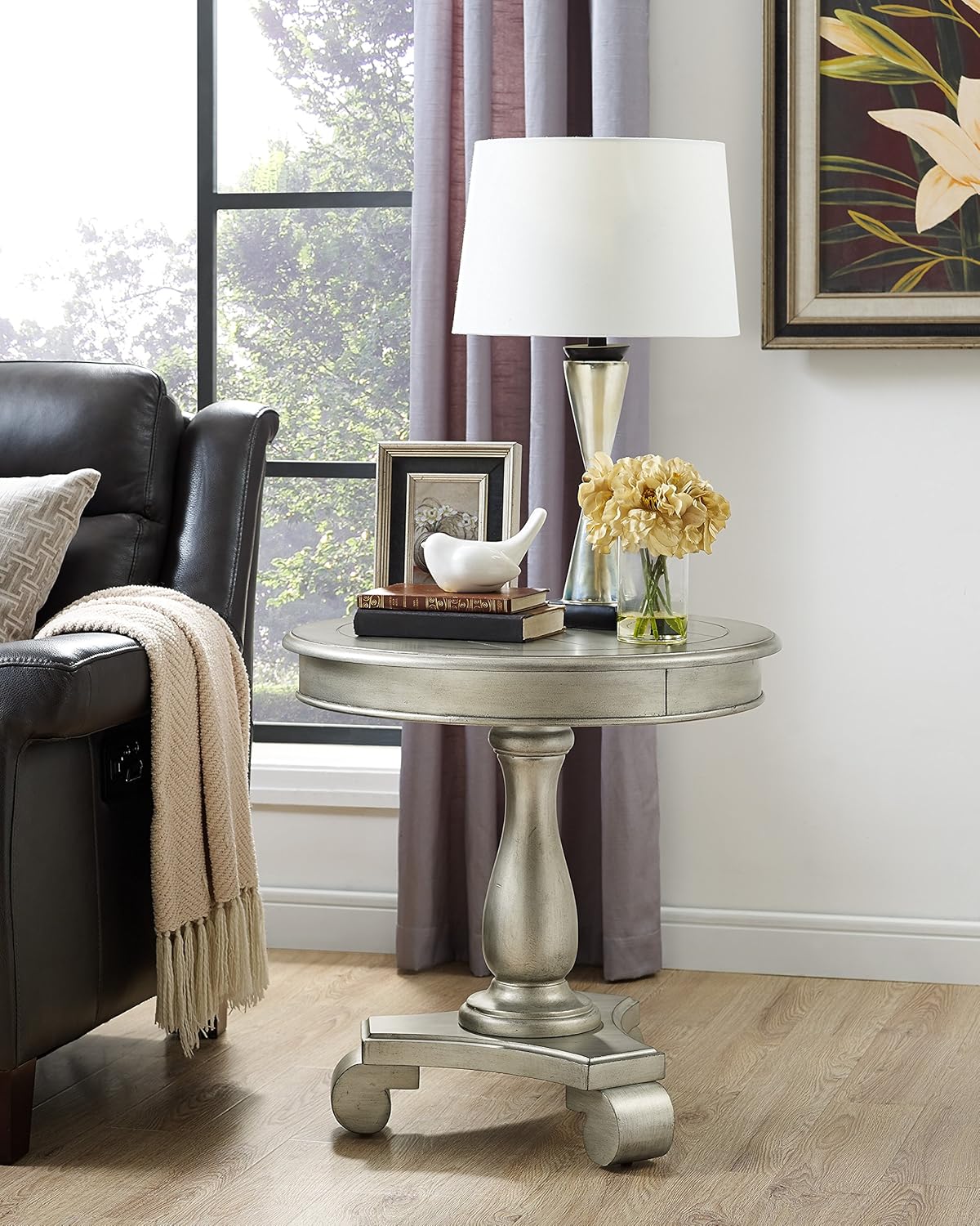 Roundhill Furniture Rene Round Wood Pedestal Side Table, Antique White