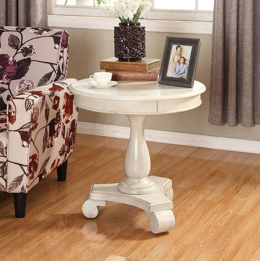 Roundhill Furniture Rene Round Wood Pedestal Side Table, Antique White