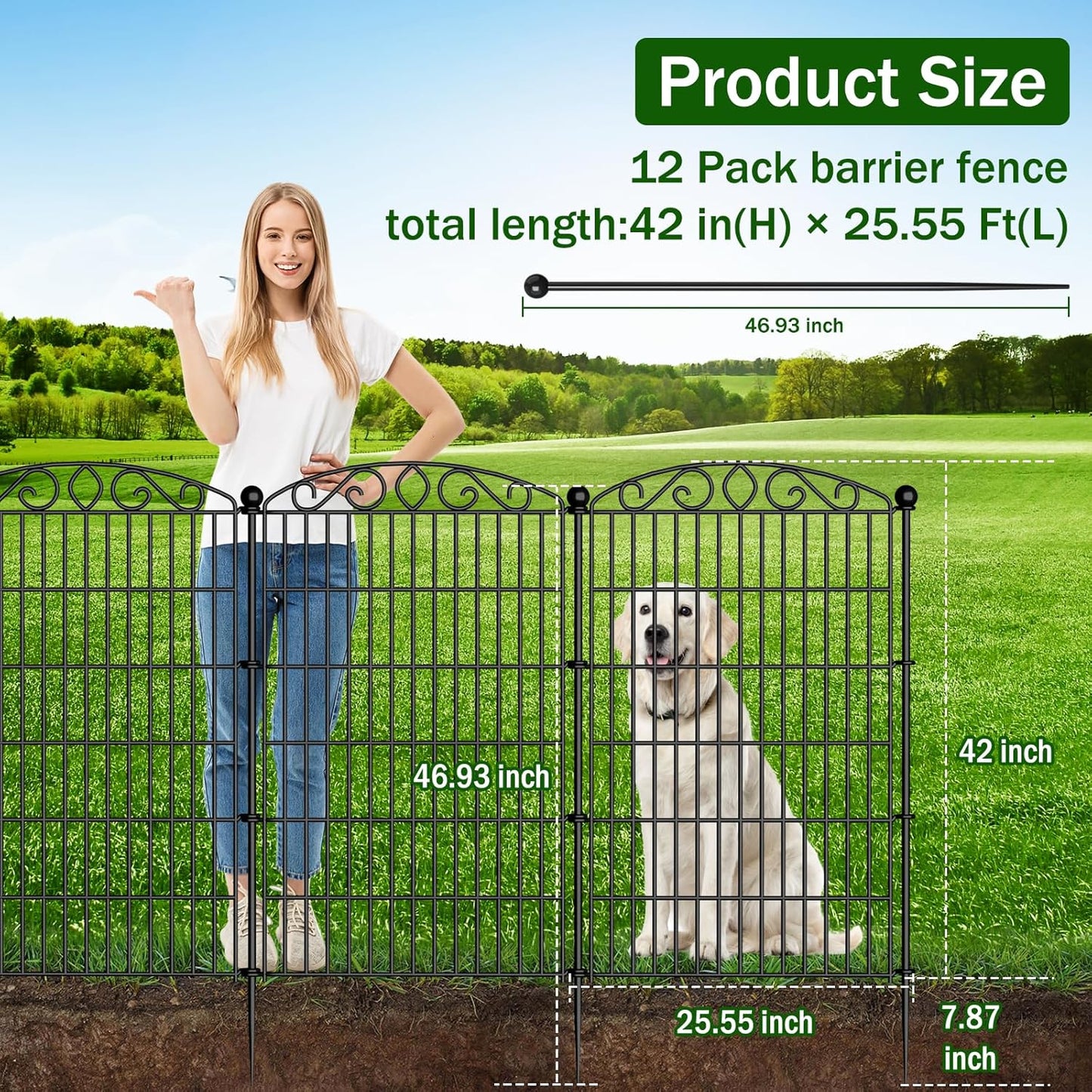 12 Panel No Dig Decorative Garden Fence with Gate - 42in H x 25.55ft L, Tall Animal Barrier for Dogs Rabbits, Rustproof Metal Wire Panels for Yard, Patio, and Outdoor Border Use