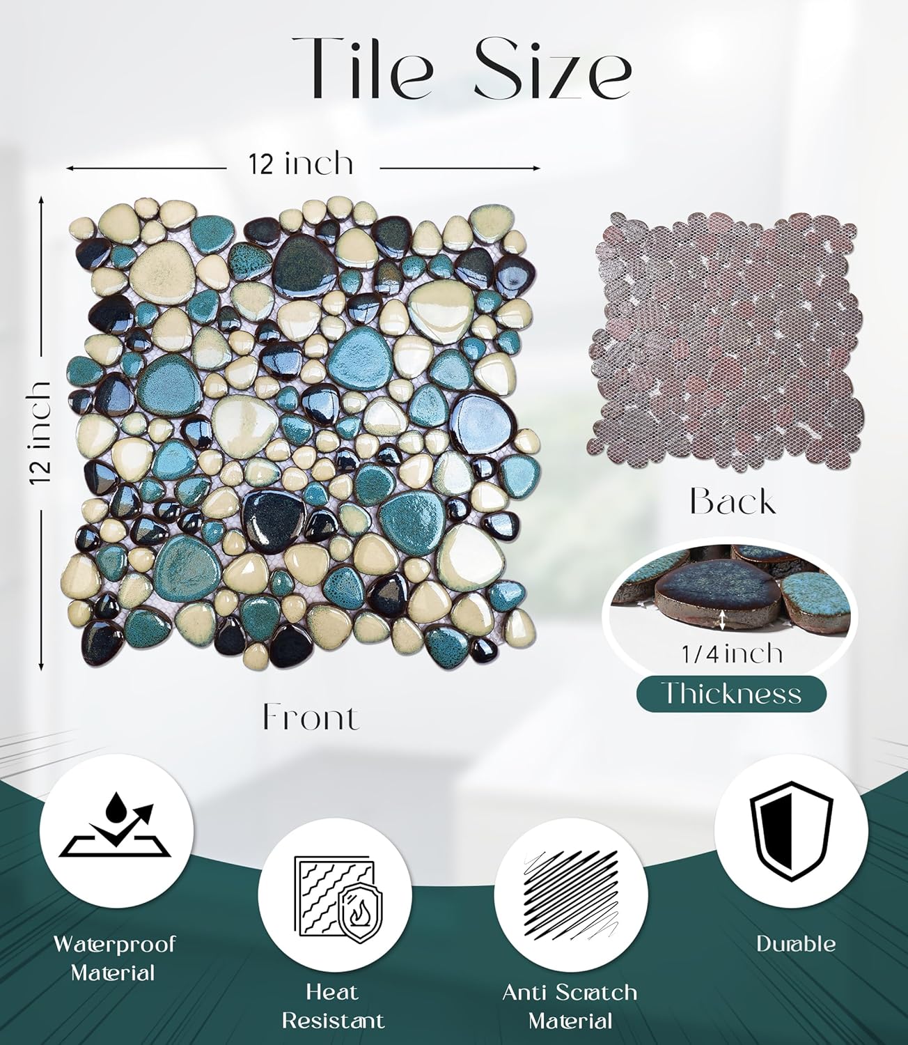 Pebble Tiles 5 Sheets, Aqua Teal Blue Mosaic Tiles for Accent Wall Backsplash, Pebble Tile for Bathroom Shower Floor