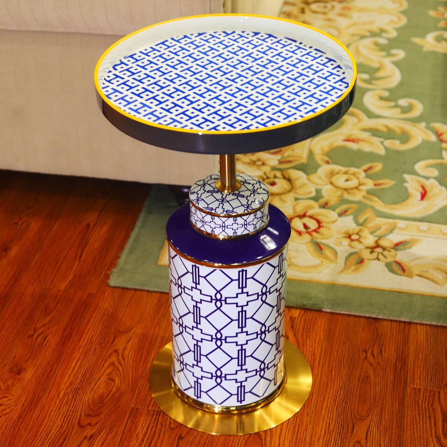 Diamond Pattern Vase-Shaped Side Table with Ceramic Tile Top – Accent Table for Coffee, Tea, or Nightstand Use in Living Room, Bedroom, Indoor & Outdoor Spaces