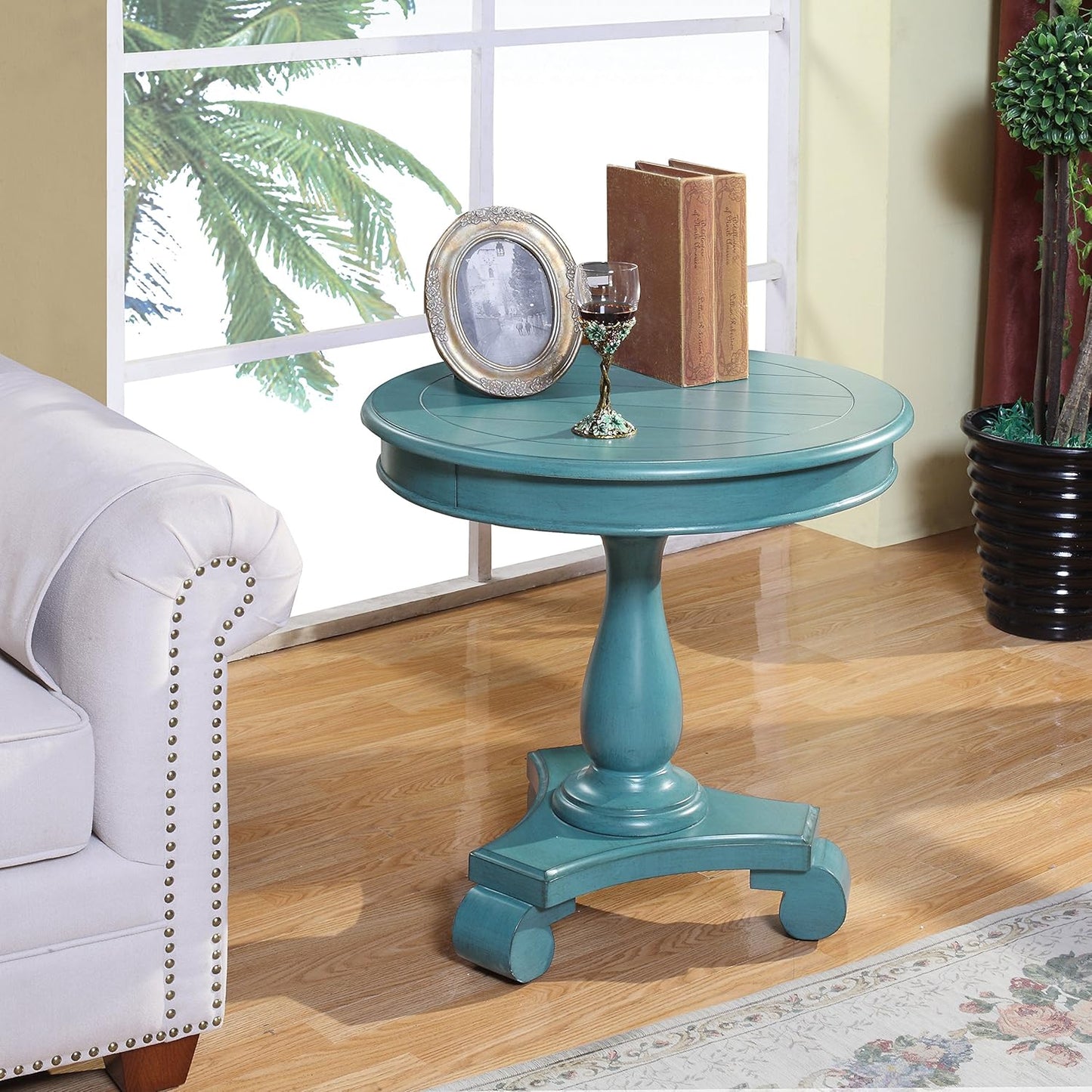 Roundhill Furniture Rene Round Wood Pedestal Side Table, Antique White